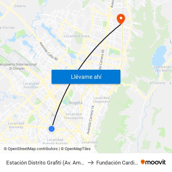Estación Distrito Grafiti (Av. Américas - Kr 53a) to Fundación Cardio Infantil map