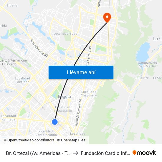 Br. Ortezal (Av. Américas - Tv 39) to Fundación Cardio Infantil map