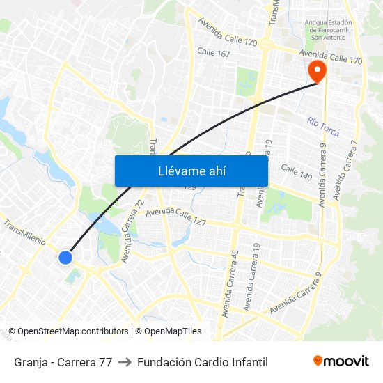 Granja - Carrera 77 to Fundación Cardio Infantil map