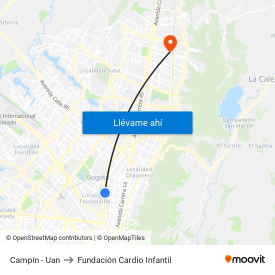 Campín - Uan to Fundación Cardio Infantil map