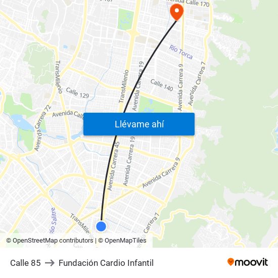 Calle 85 to Fundación Cardio Infantil map