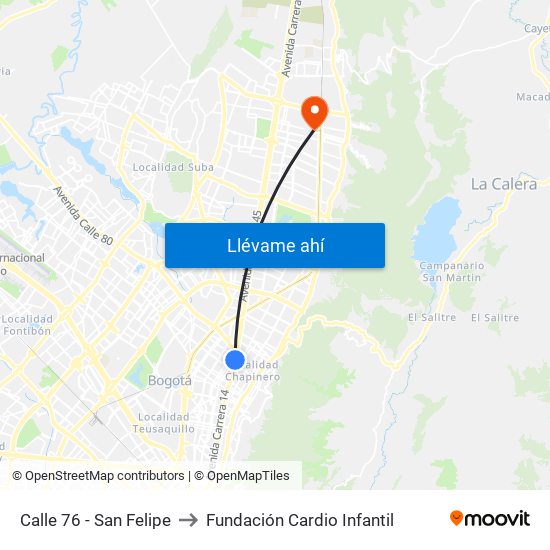 Calle 76 - San Felipe to Fundación Cardio Infantil map