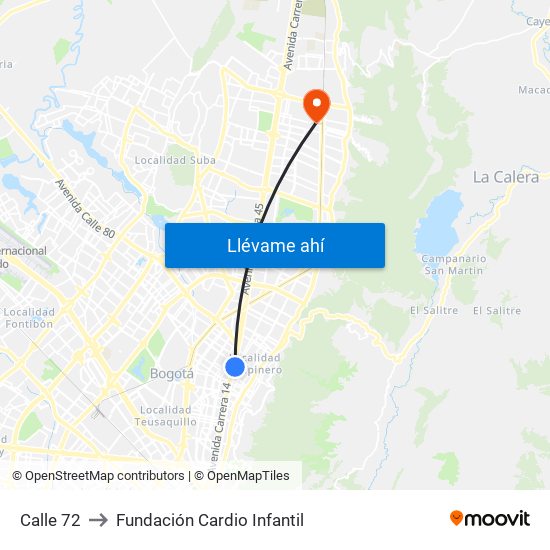 Calle 72 to Fundación Cardio Infantil map