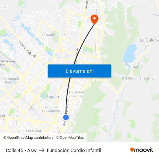 Calle 45 - Asw to Fundación Cardio Infantil map