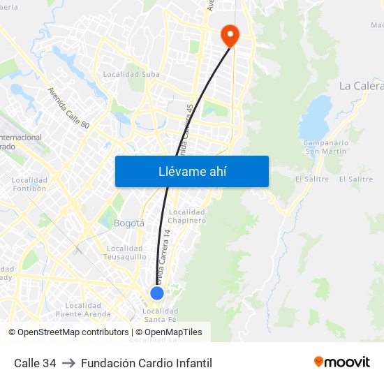 Calle 34 to Fundación Cardio Infantil map