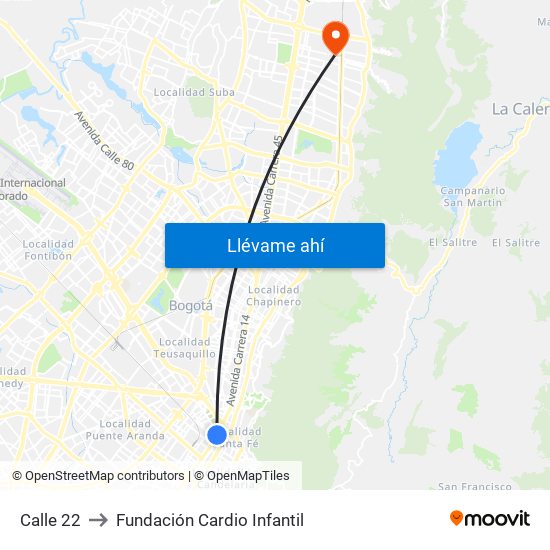 Calle 22 to Fundación Cardio Infantil map