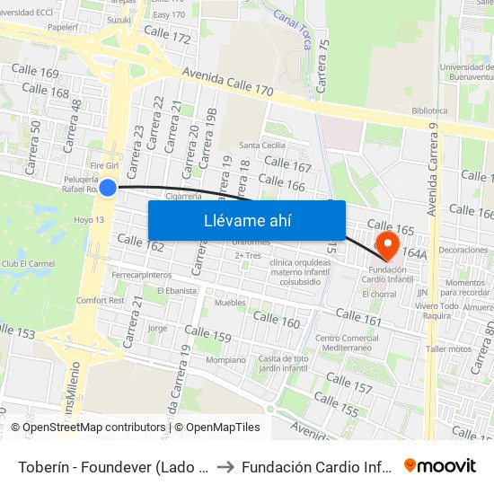 Toberín - Foundever (Lado Sur) to Fundación Cardio Infantil map