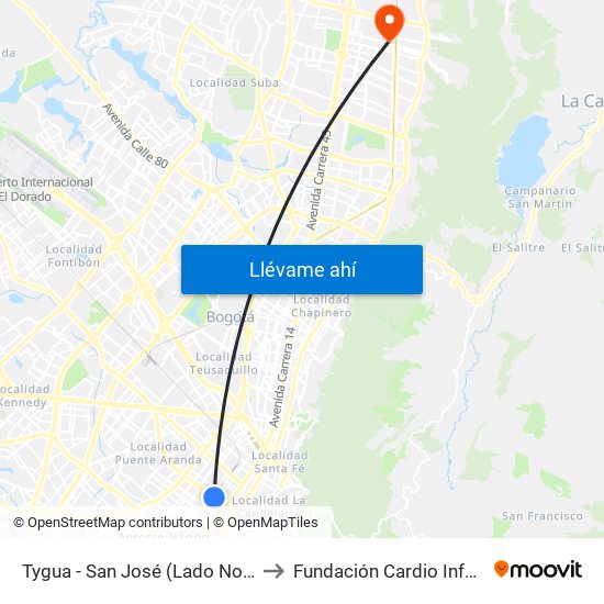 Tygua - San José (Lado Norte) to Fundación Cardio Infantil map