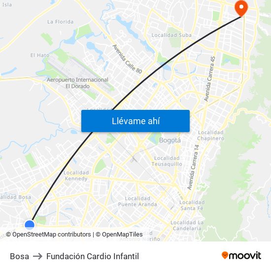 Bosa to Fundación Cardio Infantil map