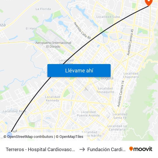 Terreros - Hospital Cardiovascular (Lado Sur) to Fundación Cardio Infantil map