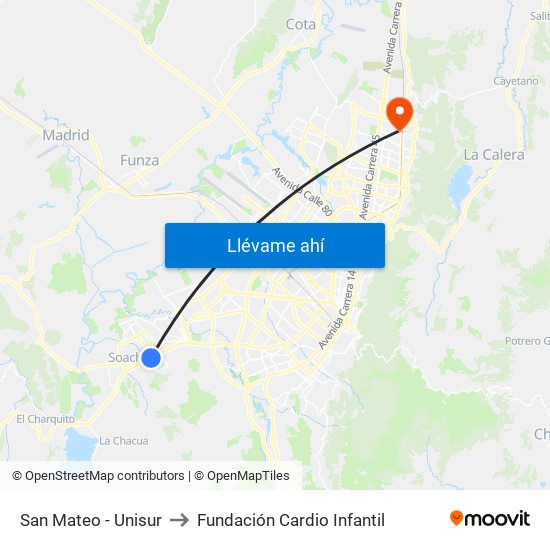 San Mateo - Unisur to Fundación Cardio Infantil map