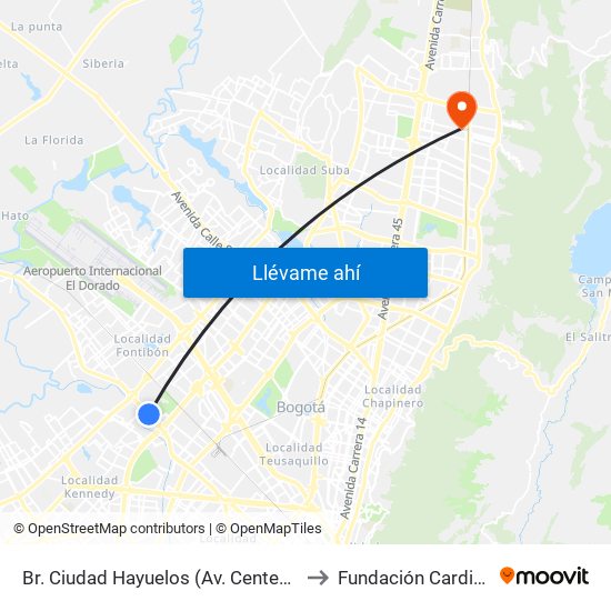 Br. Ciudad Hayuelos (Av. Centenario - Kr 78g) to Fundación Cardio Infantil map