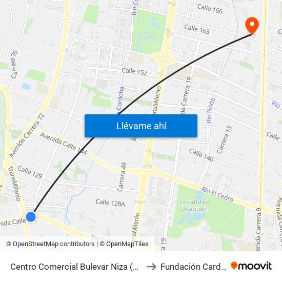 Centro Comercial Bulevar Niza (Ac 127 - Av. Suba) to Fundación Cardio Infantil map