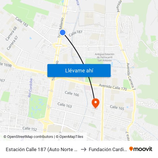 Estación Calle 187 (Auto Norte - Cl 187 Bis) (A) to Fundación Cardio Infantil map