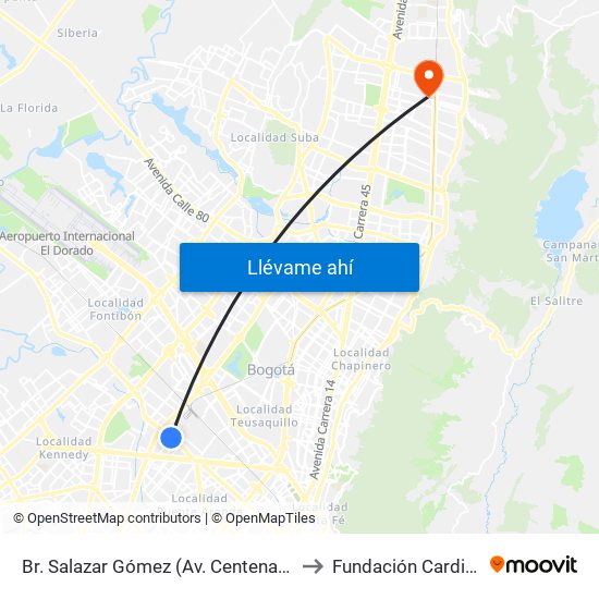 Br. Salazar Gómez (Av. Centenario - Kr 65) (A) to Fundación Cardio Infantil map