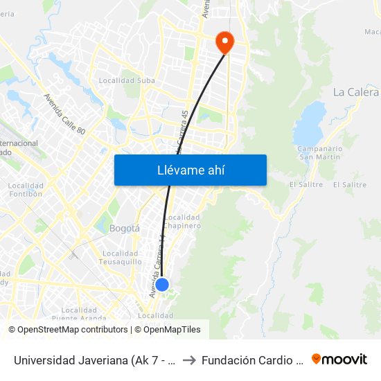 Universidad Javeriana (Ak 7 - Cl 40) (B) to Fundación Cardio Infantil map