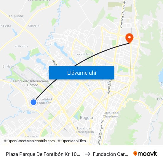 Plaza Parque De Fontibón Kr 100 (Kr 100 - Cl 17a) to Fundación Cardio Infantil map