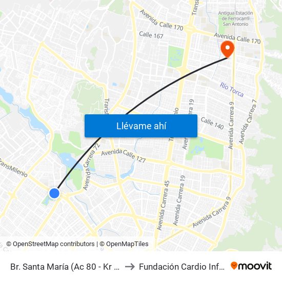 Br. Santa María (Ac 80 - Kr 73b) to Fundación Cardio Infantil map