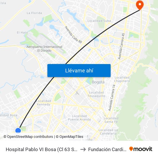 Hospital Pablo VI Bosa (Cl 63 Sur - Kr 77g) (A) to Fundación Cardio Infantil map