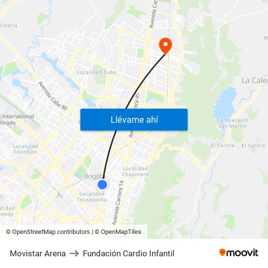 Movistar Arena to Fundación Cardio Infantil map
