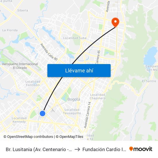 Br. Lusitania (Av. Centenario - Kr 68b) to Fundación Cardio Infantil map