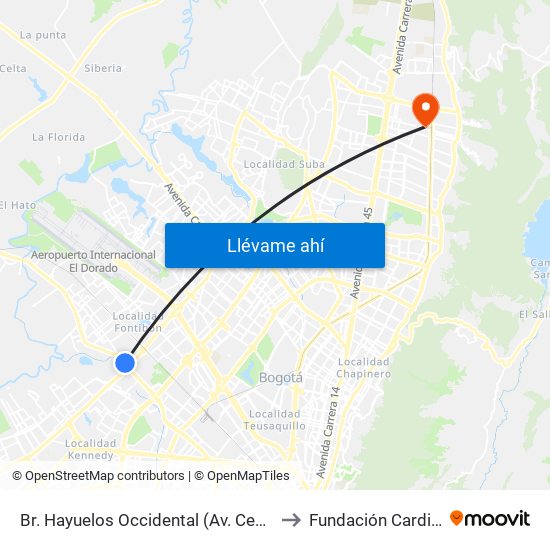 Br. Hayuelos Occidental (Av. Centenario - Kr 87) to Fundación Cardio Infantil map