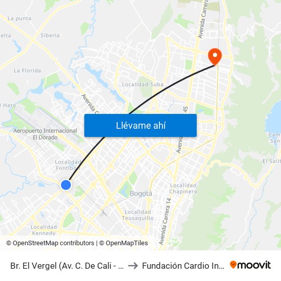 Br. El Vergel (Av. C. De Cali - Cl 18) to Fundación Cardio Infantil map