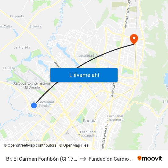 Br. El Carmen Fontibón (Cl 17 - Kr 100) to Fundación Cardio Infantil map