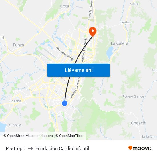 Restrepo to Fundación Cardio Infantil map