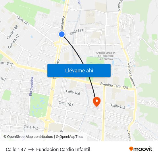 Calle 187 to Fundación Cardio Infantil map