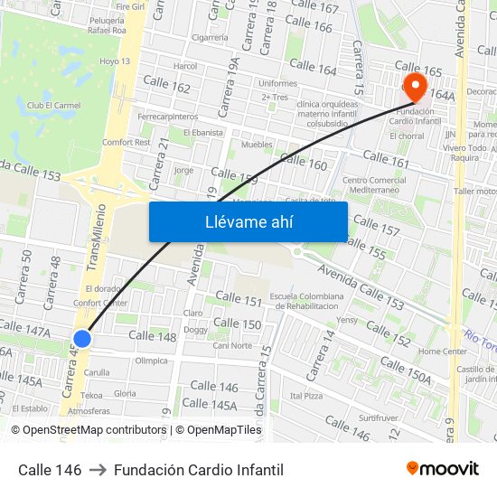 Calle 146 to Fundación Cardio Infantil map