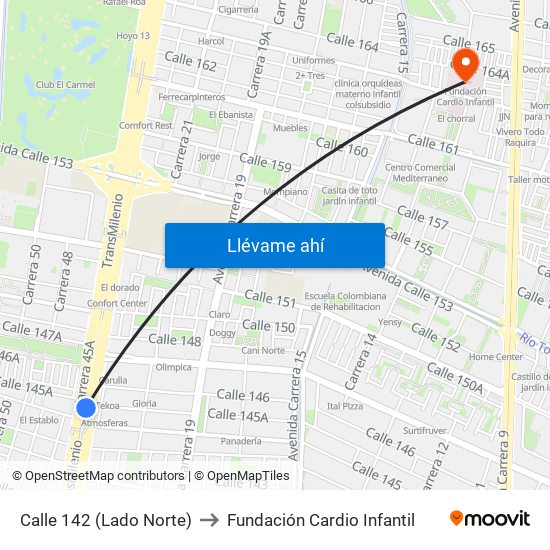 Calle 142 (Lado Norte) to Fundación Cardio Infantil map