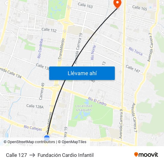 Calle 127 to Fundación Cardio Infantil map