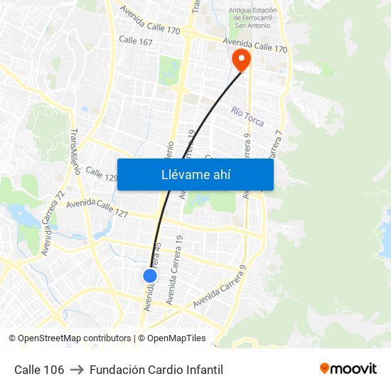 Calle 106 to Fundación Cardio Infantil map