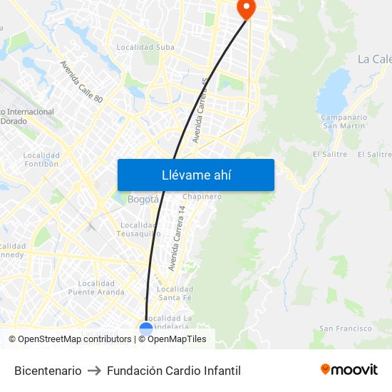 Bicentenario to Fundación Cardio Infantil map