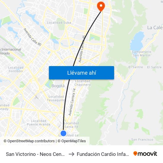 San Victorino - Neos Centro to Fundación Cardio Infantil map