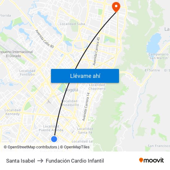 Santa Isabel to Fundación Cardio Infantil map