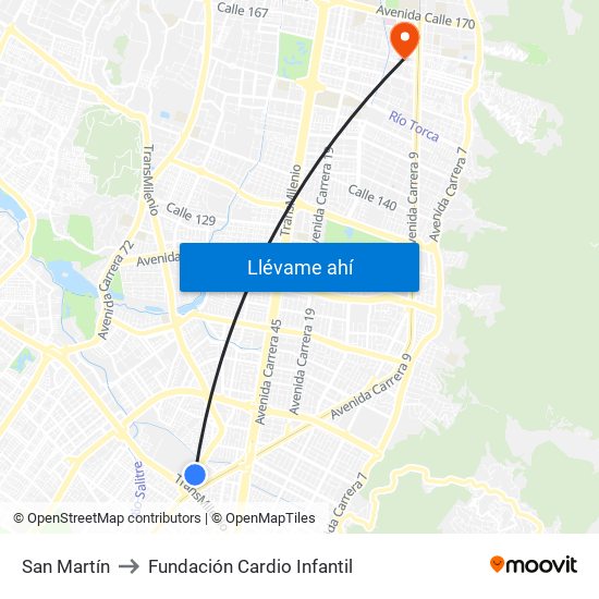 San Martín to Fundación Cardio Infantil map