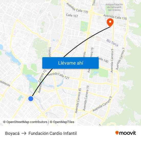 Boyacá to Fundación Cardio Infantil map