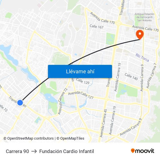 Carrera 90 to Fundación Cardio Infantil map