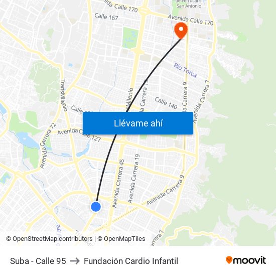 Suba - Calle 95 to Fundación Cardio Infantil map