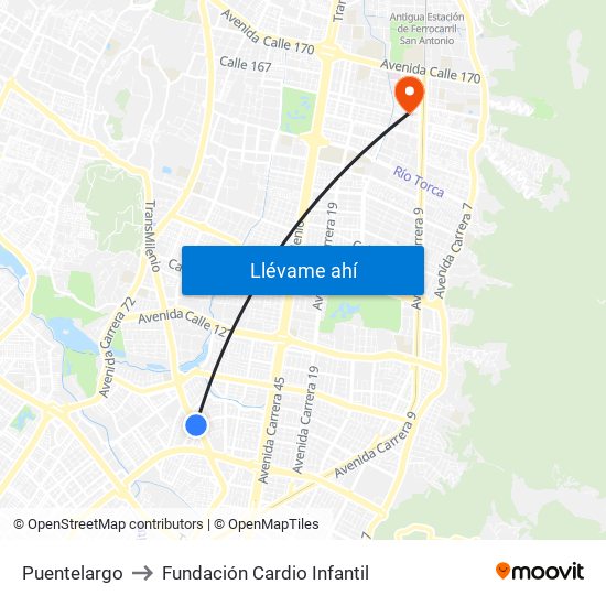 Puentelargo to Fundación Cardio Infantil map