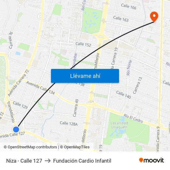 Niza - Calle 127 to Fundación Cardio Infantil map