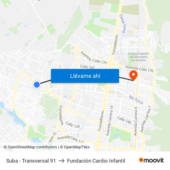 Suba - Transversal 91 to Fundación Cardio Infantil map