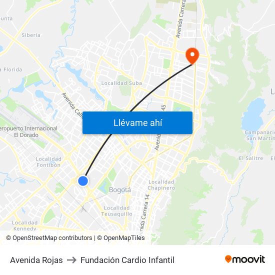 Avenida Rojas to Fundación Cardio Infantil map