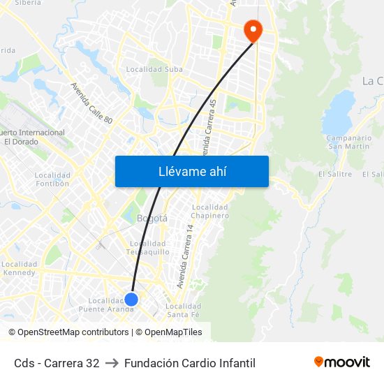 Cds - Carrera 32 to Fundación Cardio Infantil map