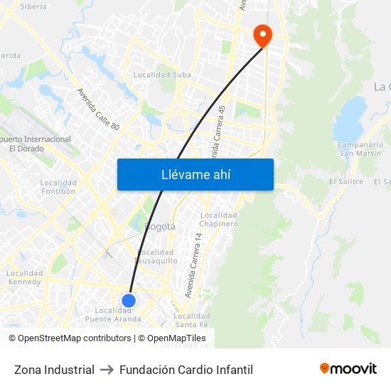 Zona Industrial to Fundación Cardio Infantil map