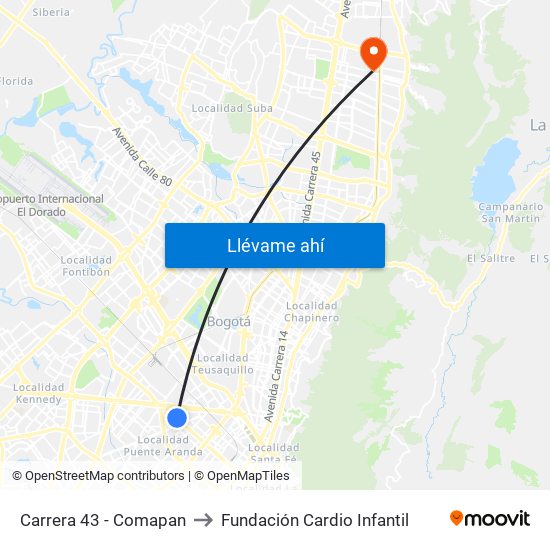 Carrera 43 - Comapan to Fundación Cardio Infantil map