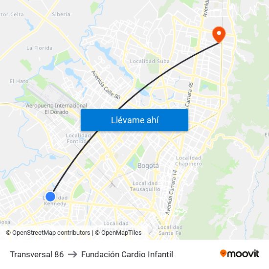 Transversal 86 to Fundación Cardio Infantil map