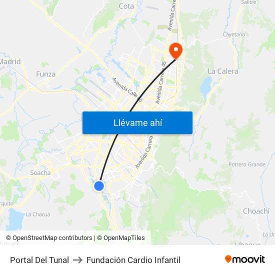Portal Del Tunal to Fundación Cardio Infantil map